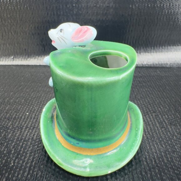 Vintage Small Mouse In Green Top Hat Toothpick Holder Ceramic Made In Japan VTG - Picture 6 of 9